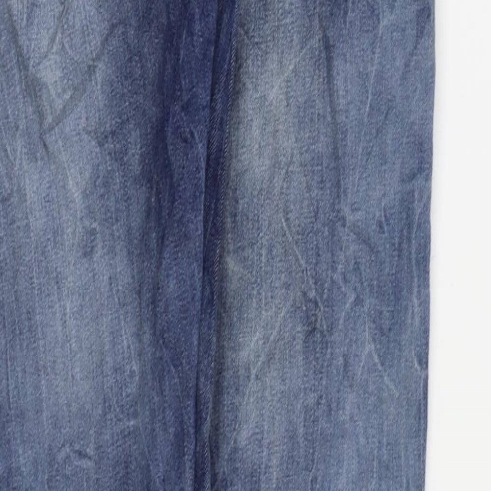Brand and care label for MGGY women’s blue skinny jeans, size L, 29-inch leg