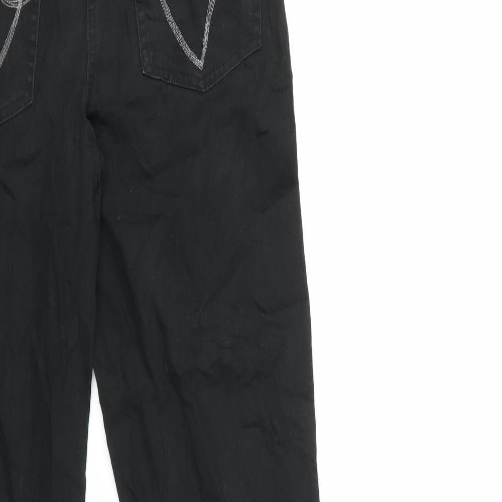 Brand and care label for X-Mail women’s black denim flared jeans, size UK 10, 29-inch leg