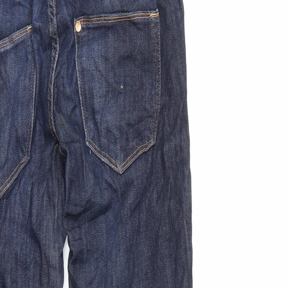 Brand and care label for H&M men’s blue denim skinny jeans, size 28, in, 30-inch leg