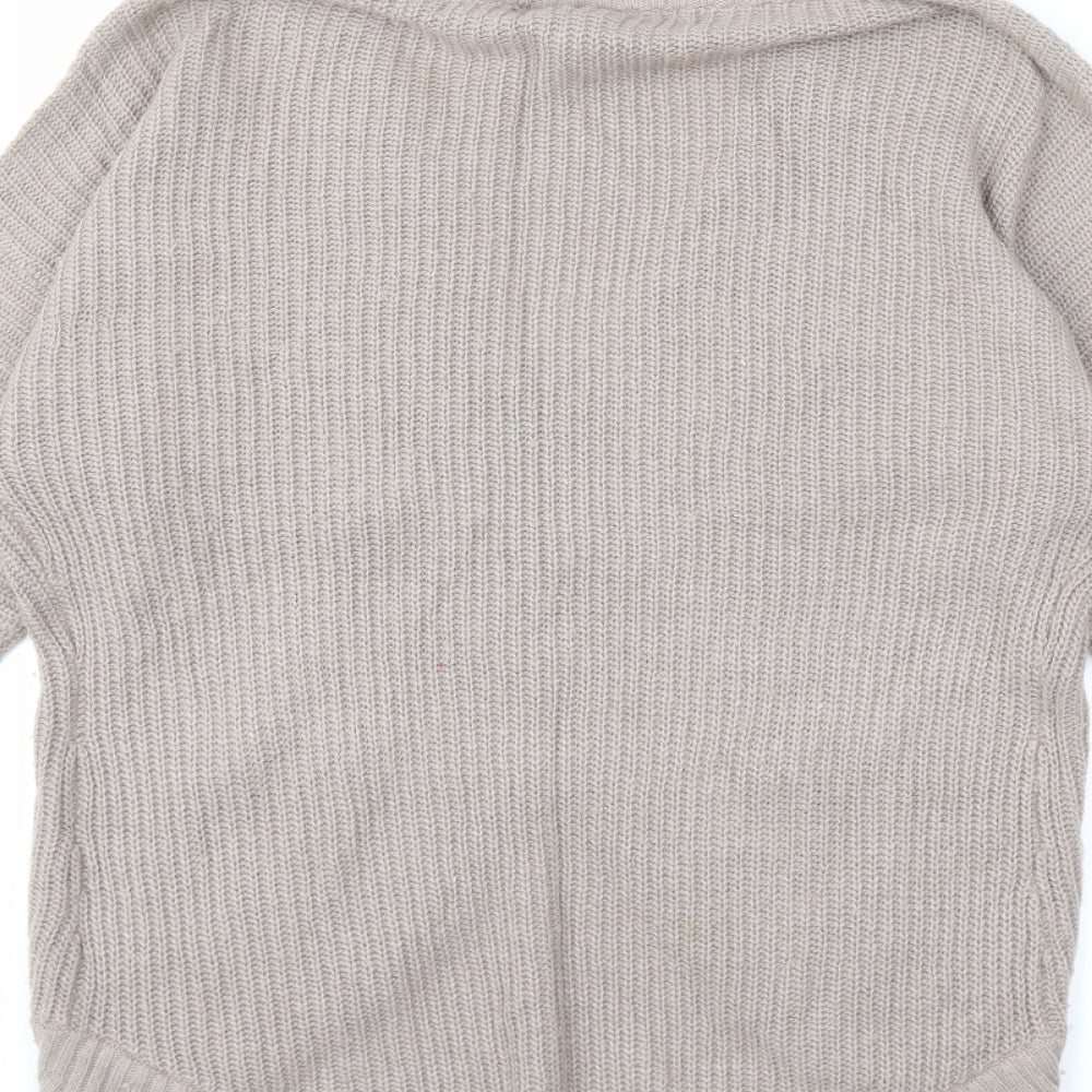 Brand and care label for Warehouse women’s beige knit cardigan jumper, size UK 10