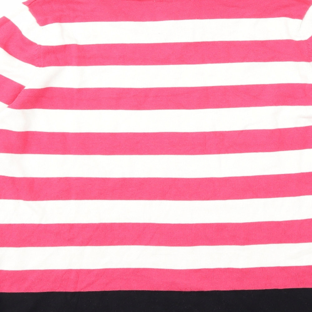 Brand and care label for Rockmans women’s pink striped knit jumper, size M