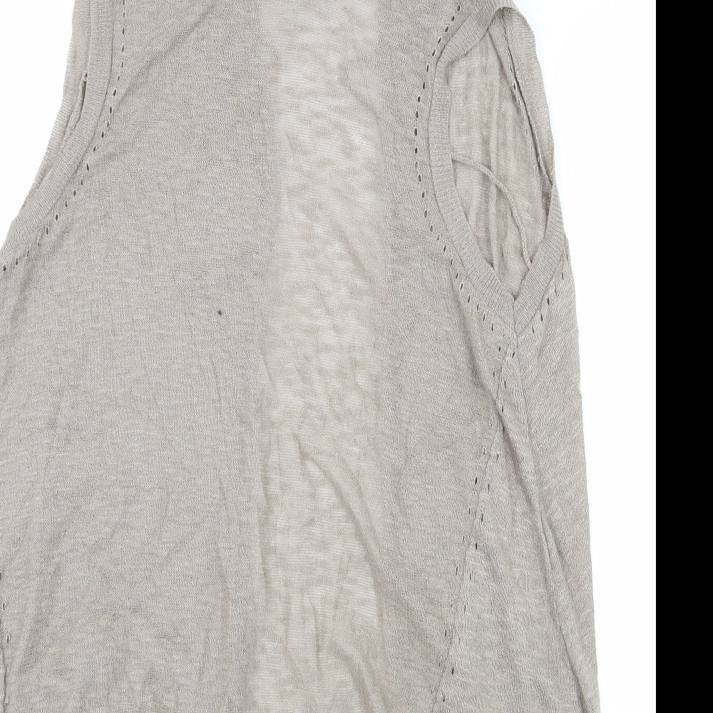 Brand and care label for River Island women’s brown knit cardigan jumper, size UK 8