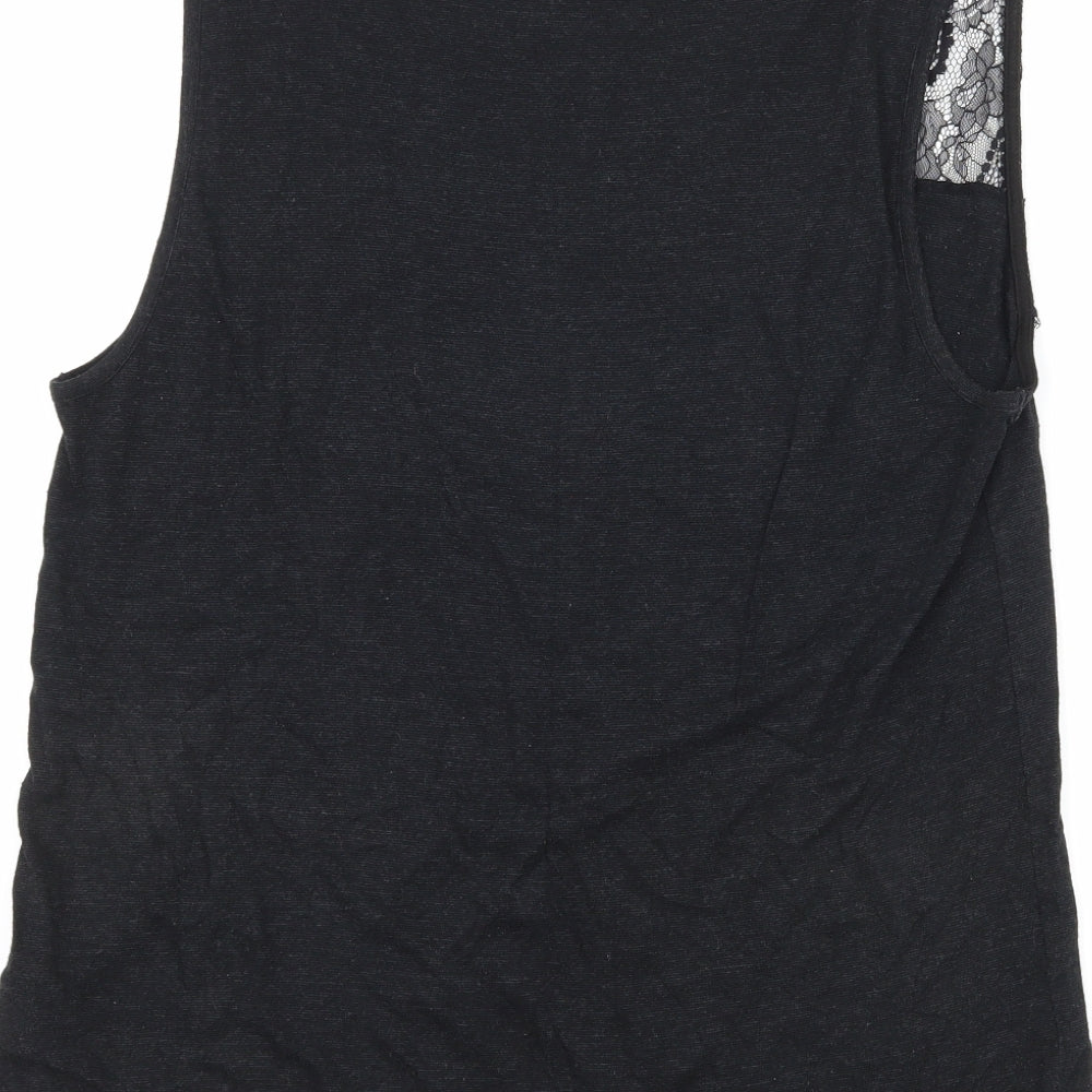 Brand and care label for Topshop women’s black jersey basic tank, size UK 8, - lace detail