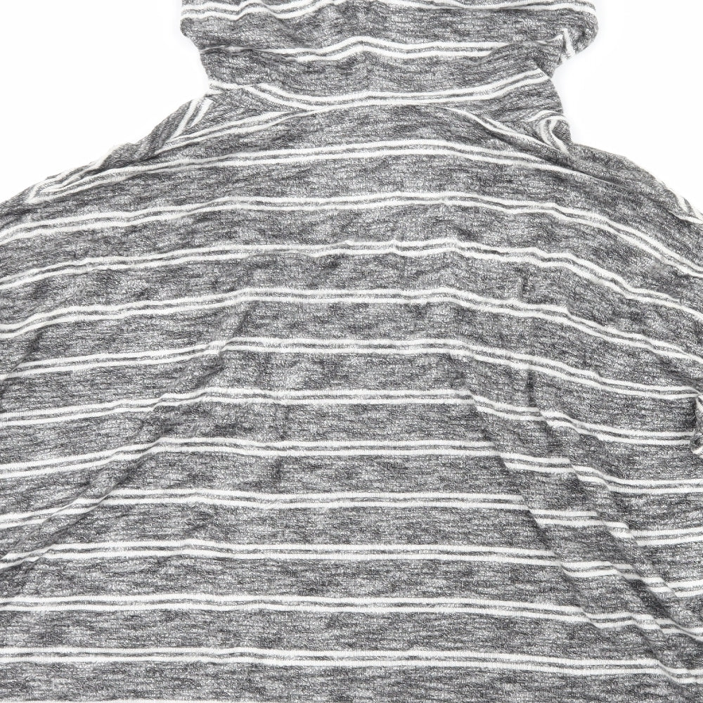 Brand and care label for Out From Under women’s grey striped jersey pullover hoodie, size S