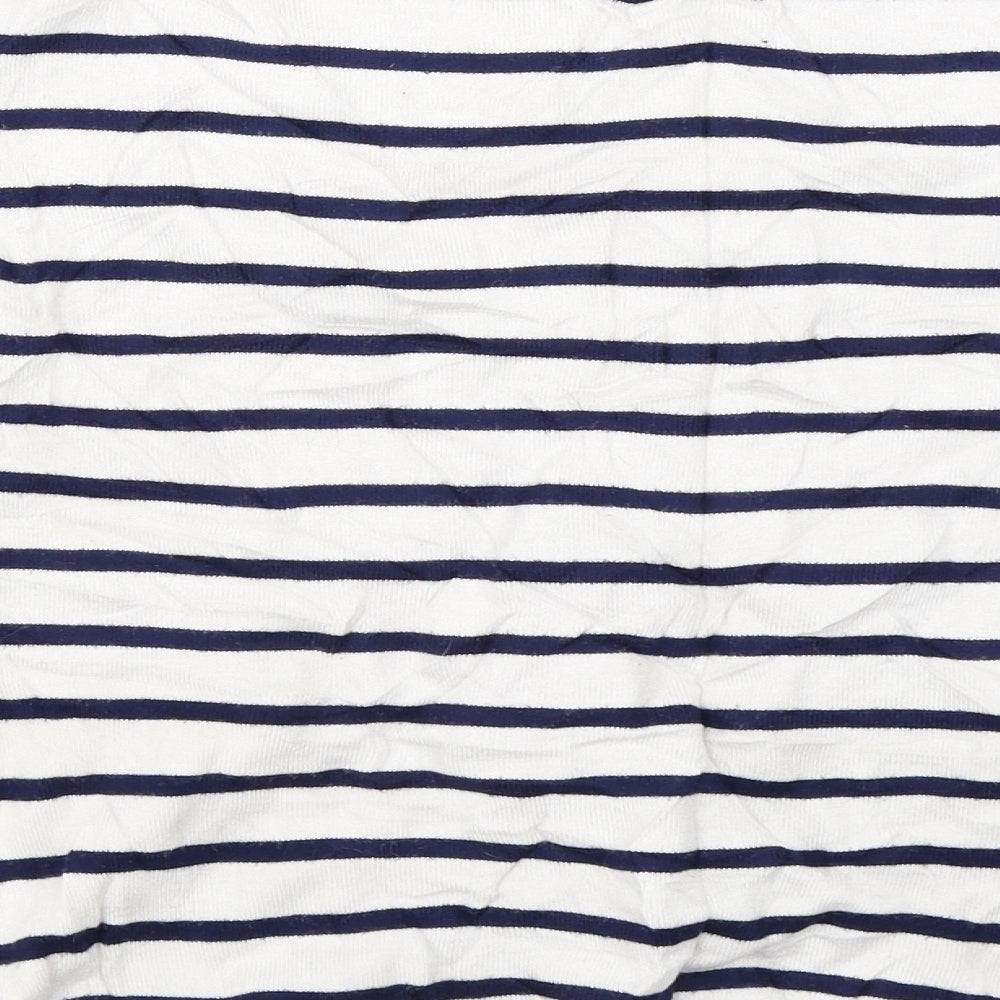 Brand and care label for Mudflower women’s white striped jumper, size S