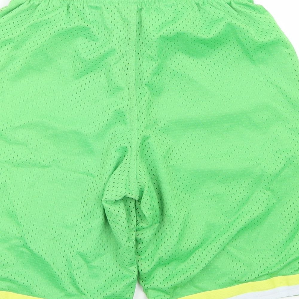 Brand and care label for Rebel boys’ green sweat shorts, size 11, years