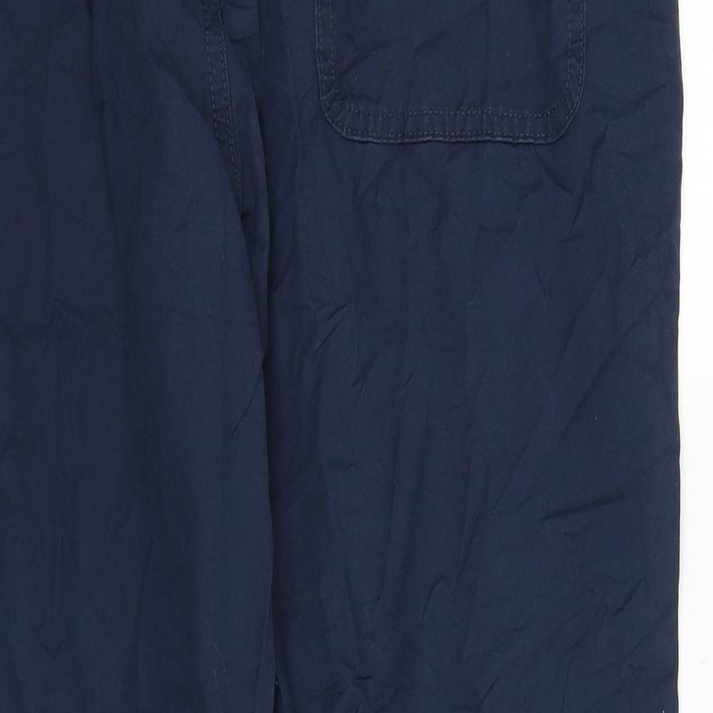 Brand and care label for Dobber women’s blue chino trousers, size UK 32, in, 27-inch leg