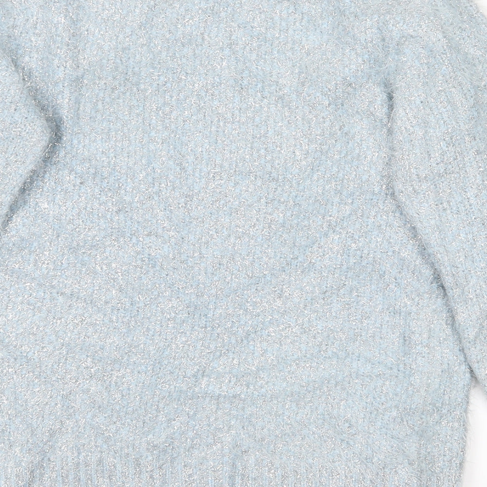 Brand and care label for Quiz women’s blue jumper, size UK 8