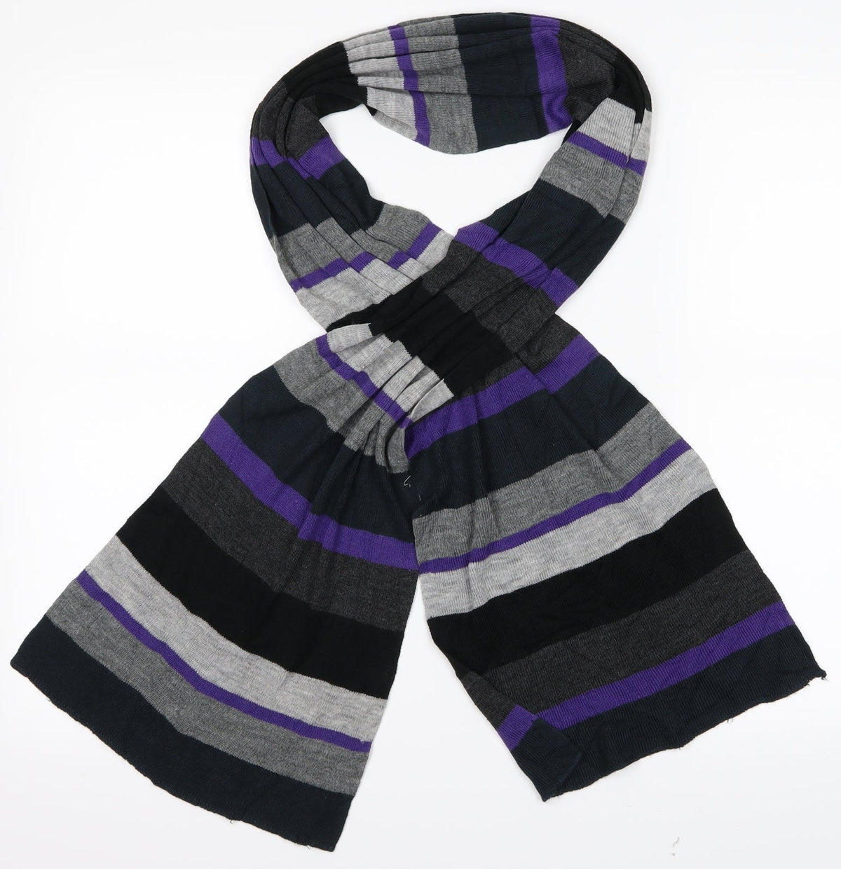 Front view of Pre Worn women’s purple striped scarf