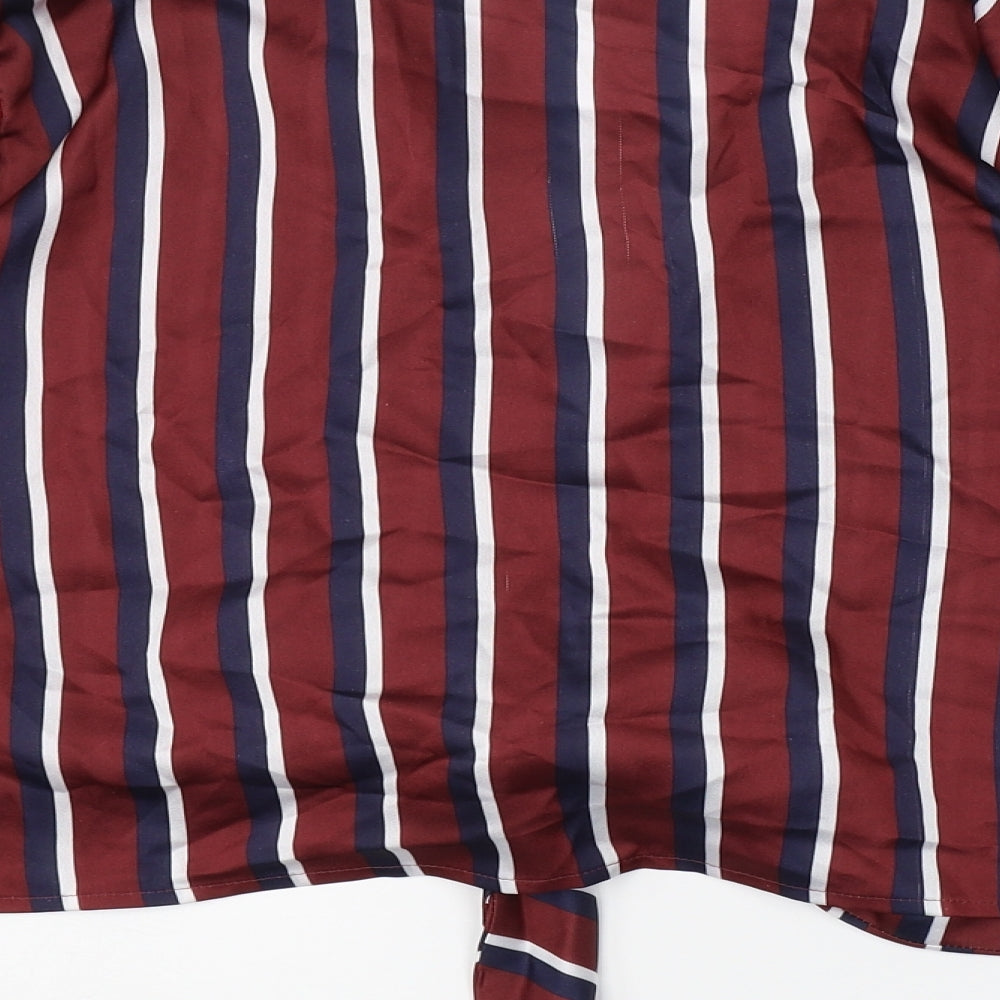 Brand and care label for River Island women’s brown striped satin basic blouse, size UK 14