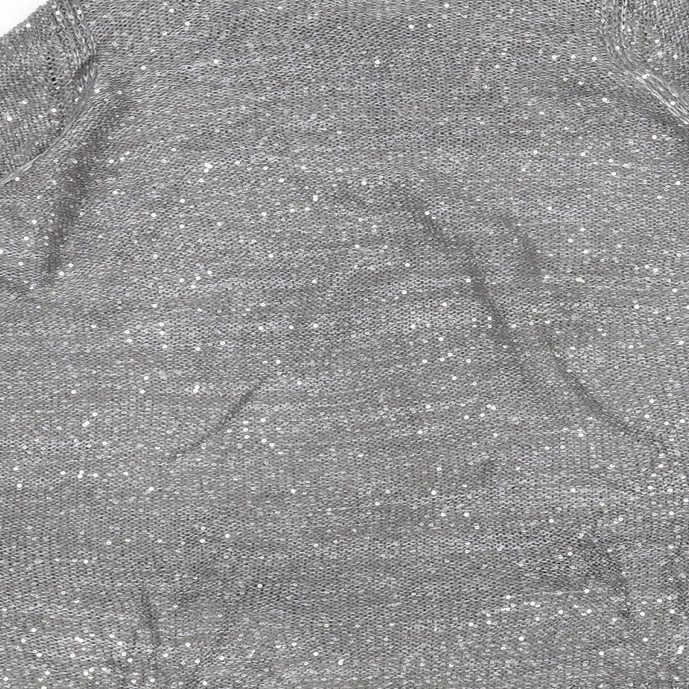 Brand and care label for JUNAROSE women’s grey knit jumper, size L