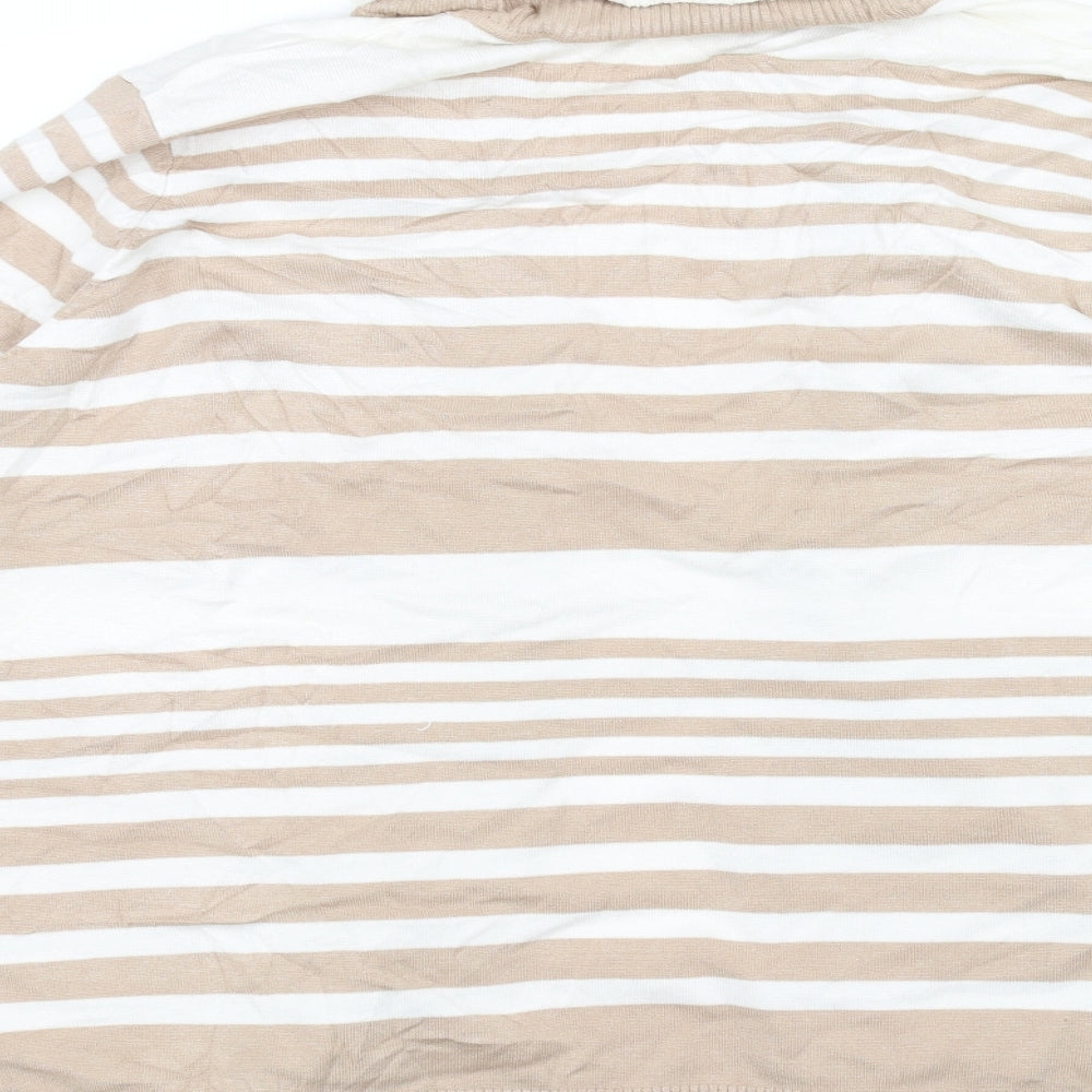 Brand and care label for isle women’s beige striped cardigan jumper, size UK 18