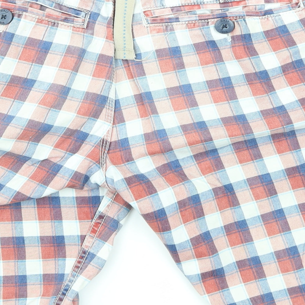 Brand and care label for Ambrose men’s multicoloured check bermuda shorts, size 30, in