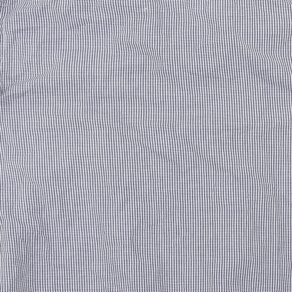Brand and care label for Primark men’s blue check button-up, size 17.5