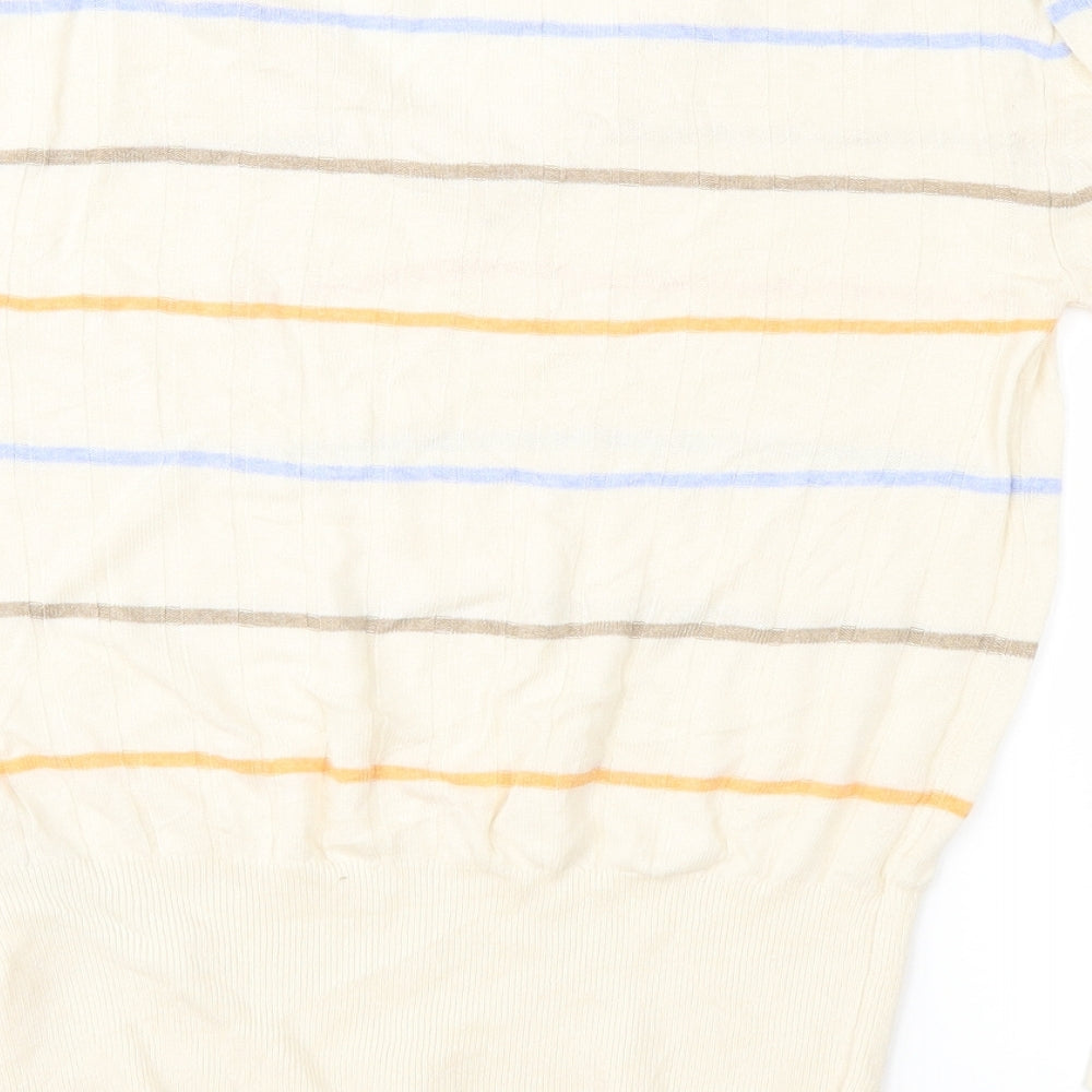 Brand and care label for Marks & Spencer women’s beige striped knit jumper, size S