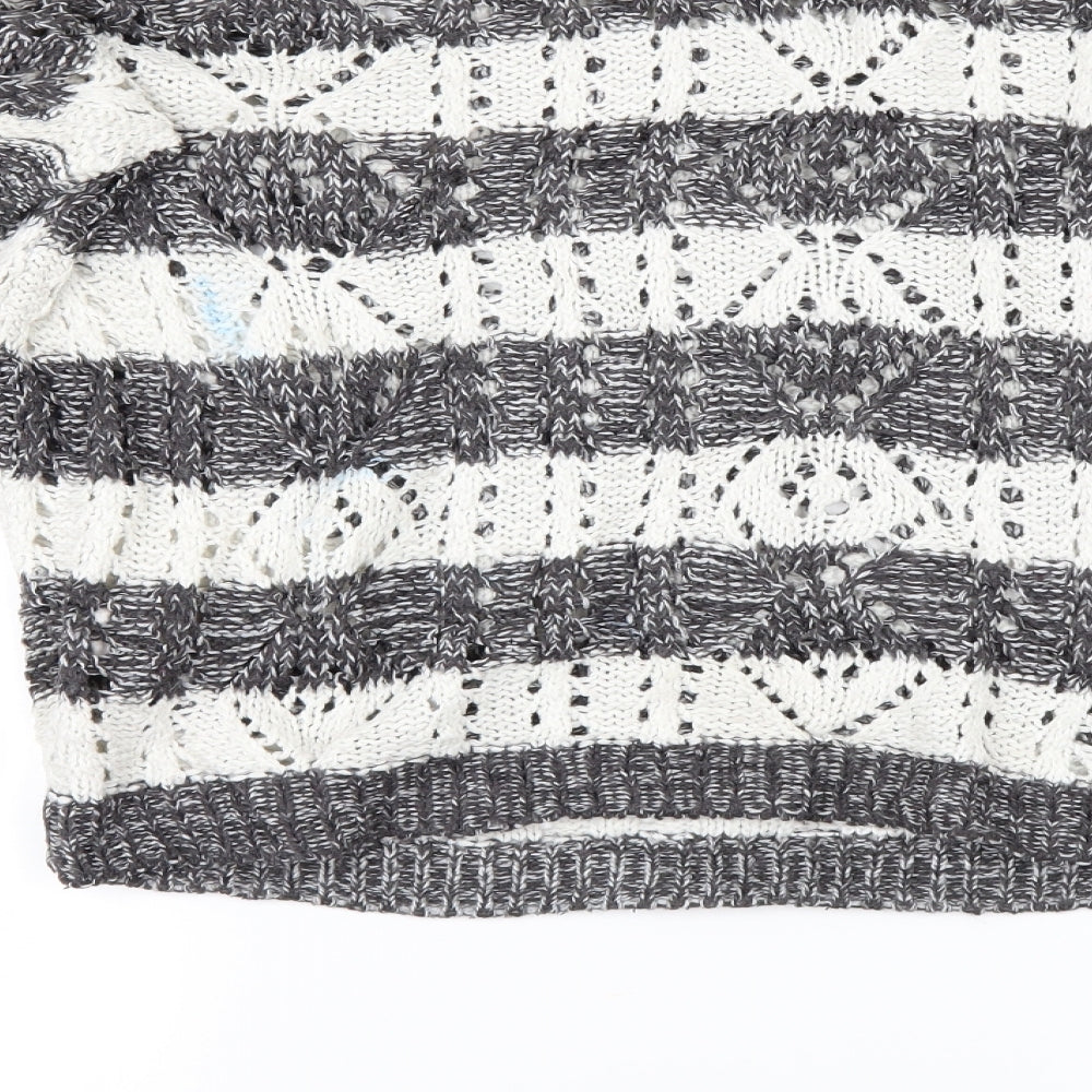 Brand and care label for New Look women’s grey striped jumper, size UK 12