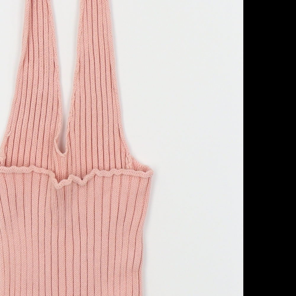 Brand and care label for 8 birdies women’s pink cropped tank, size S