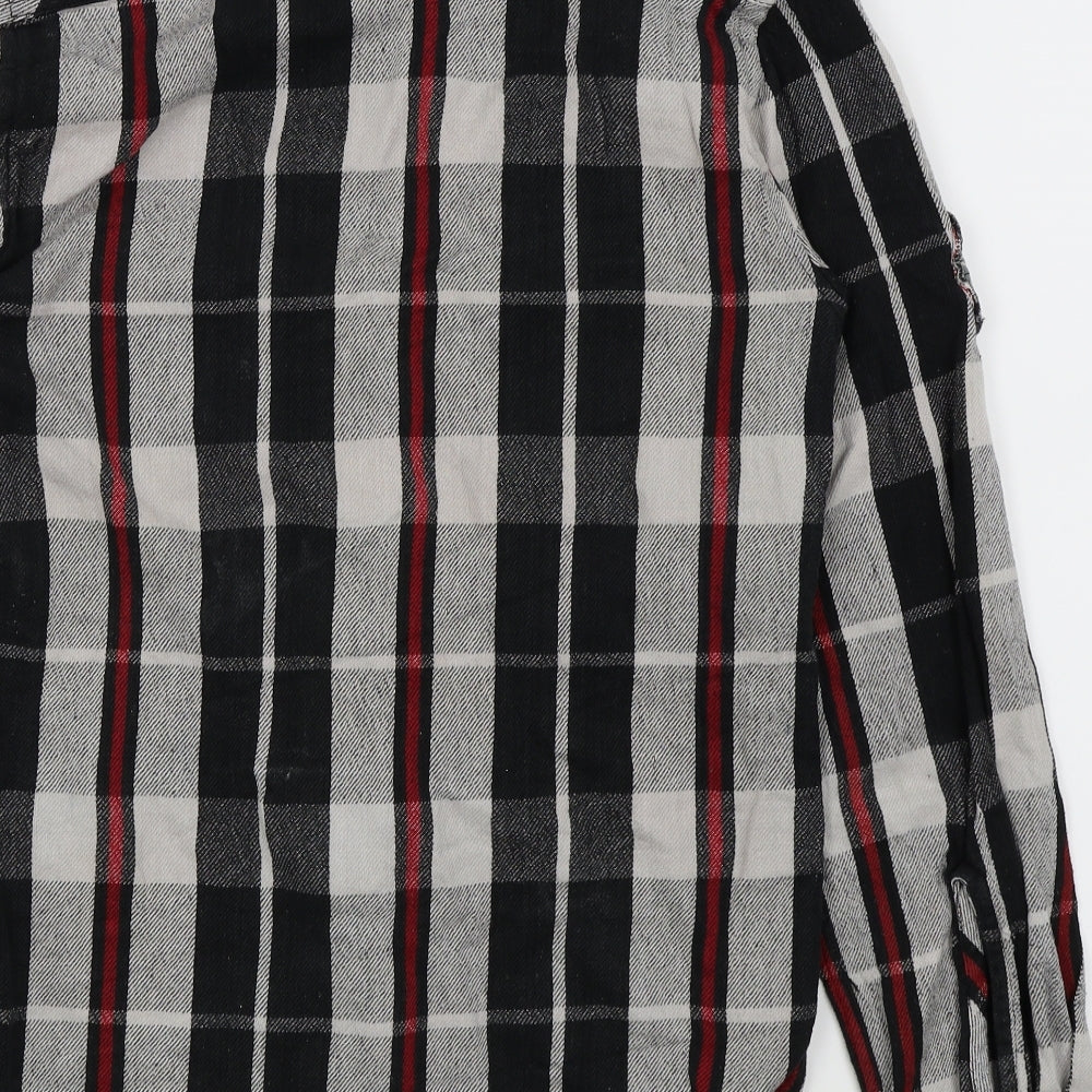 Brand and care label for UrbanSpirit men’s grey check button-up, size S