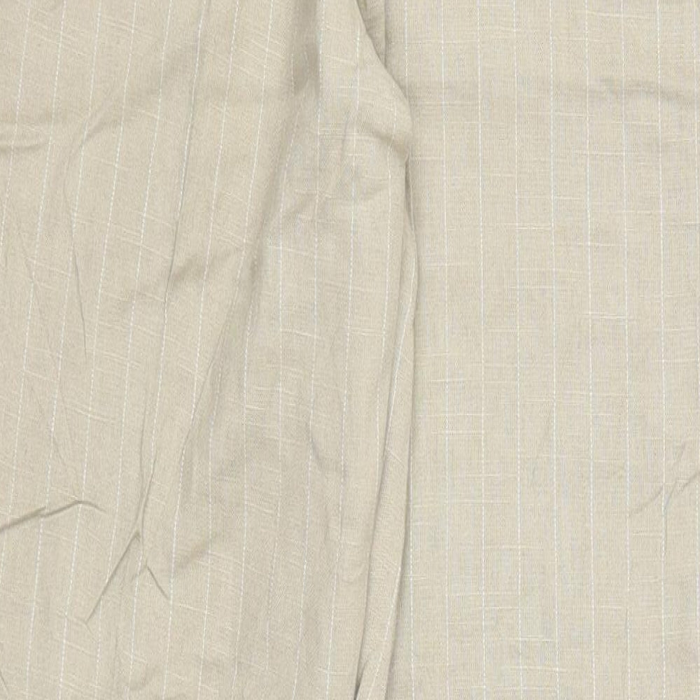 Brand and care label for Konczar women’s beige striped trousers, size UK 28, in, 29-inch leg