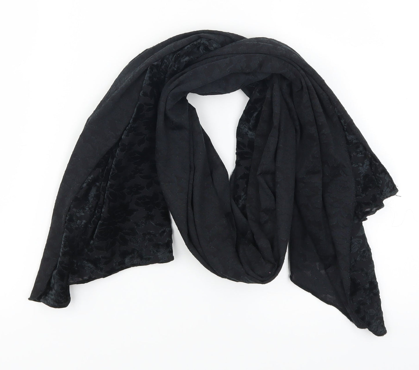 Front view of Preworn women’s black floral scarf