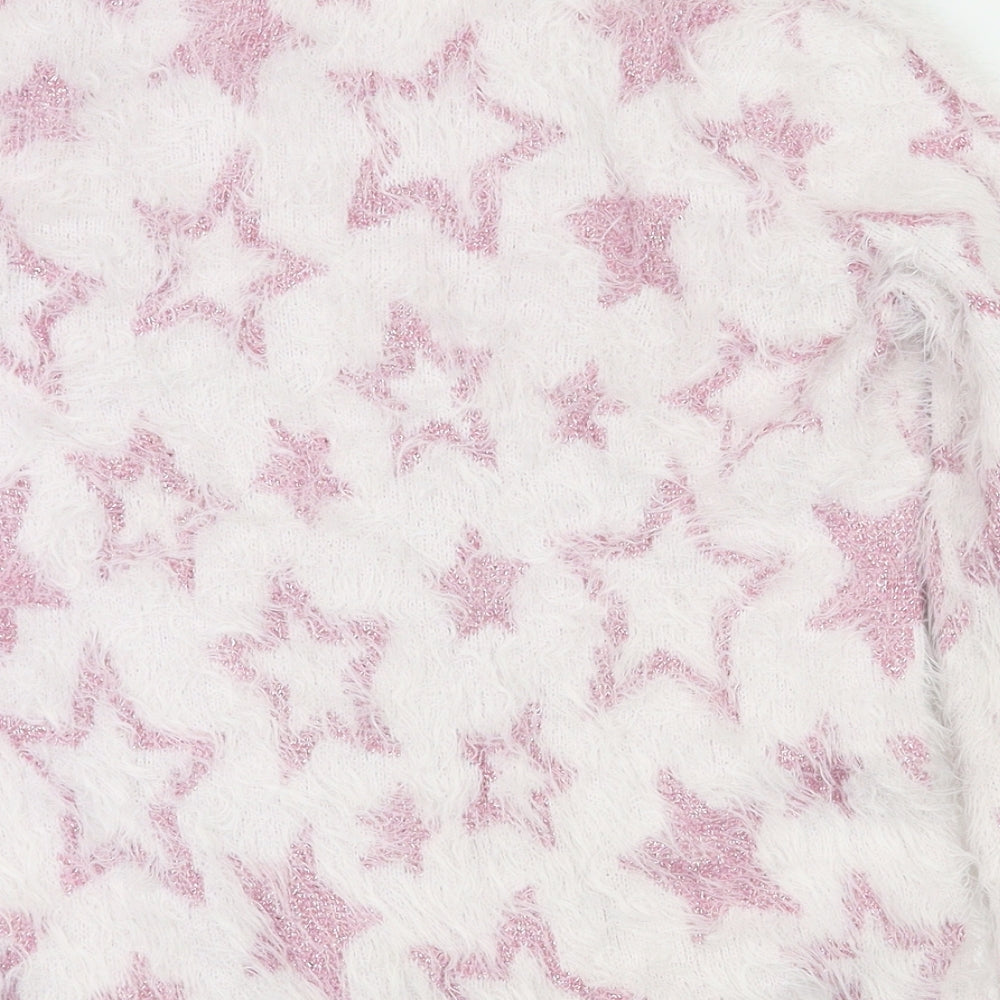 Brand and care label for H&M girls’ pink argyle/diamond jumper, size 9-10, years