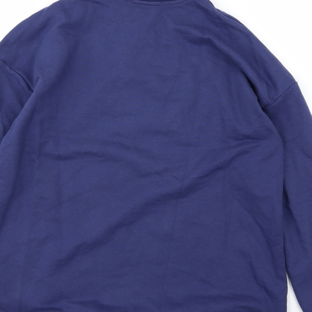 Brand and care label for Daisy Street women’s blue jersey pullover sweatshirt, size UK 12
