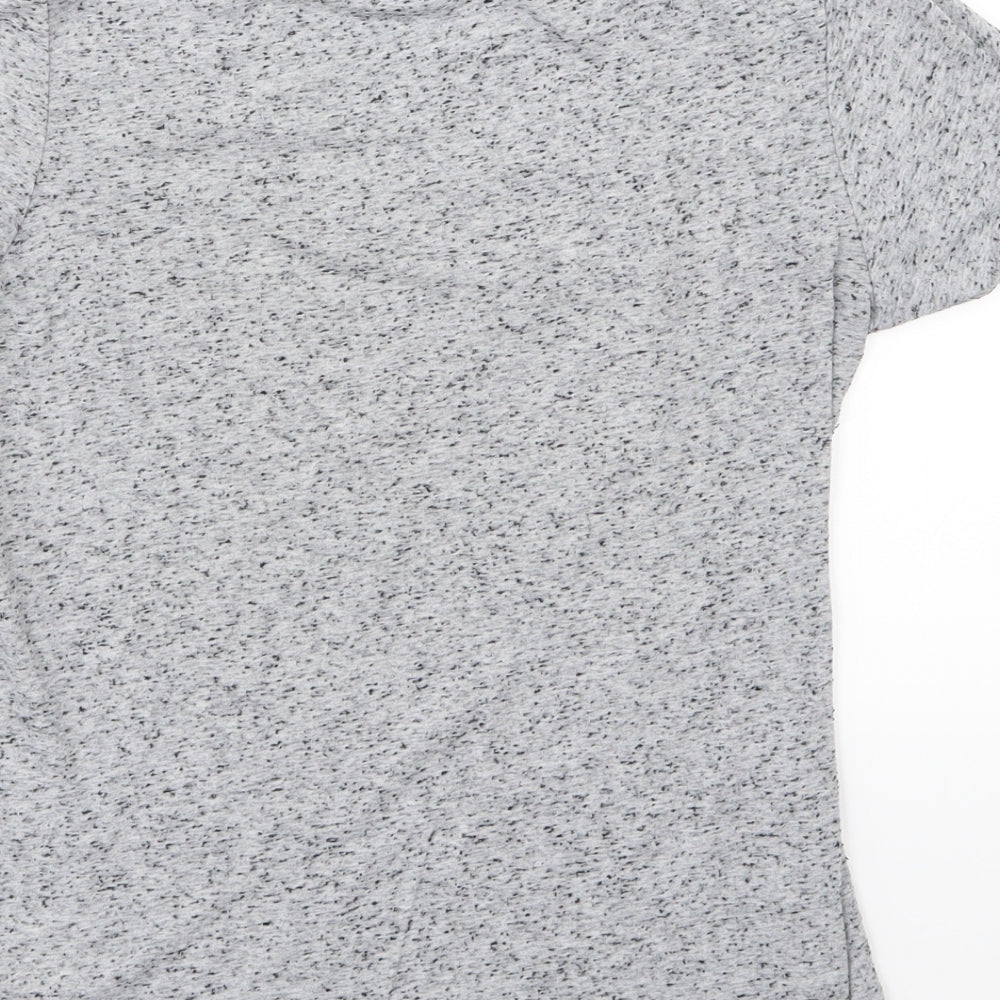 Brand and care label for H&M women’s grey jersey basic t-shirt, size S