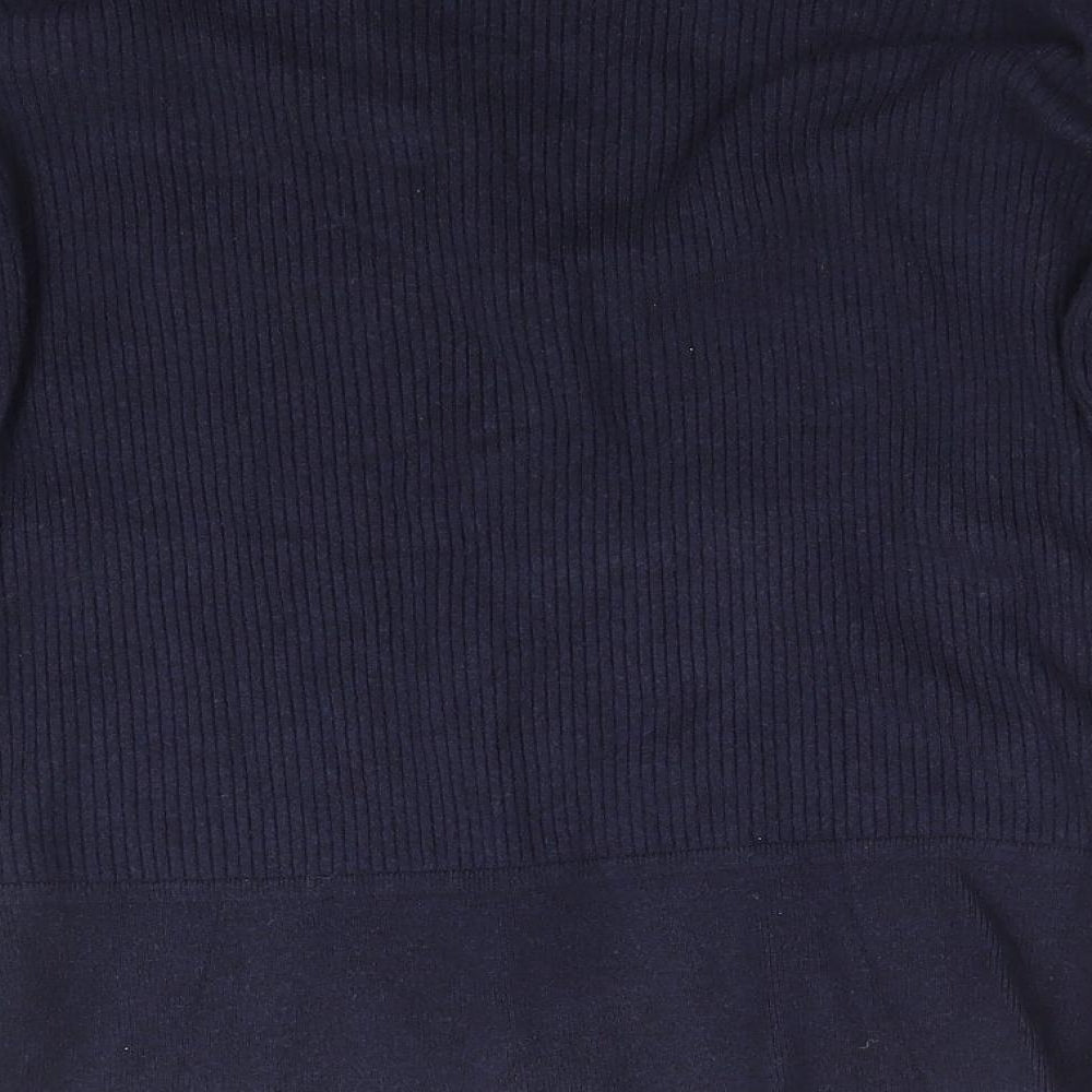 Brand and care label for Preworn women’s blue knit jumper, size S