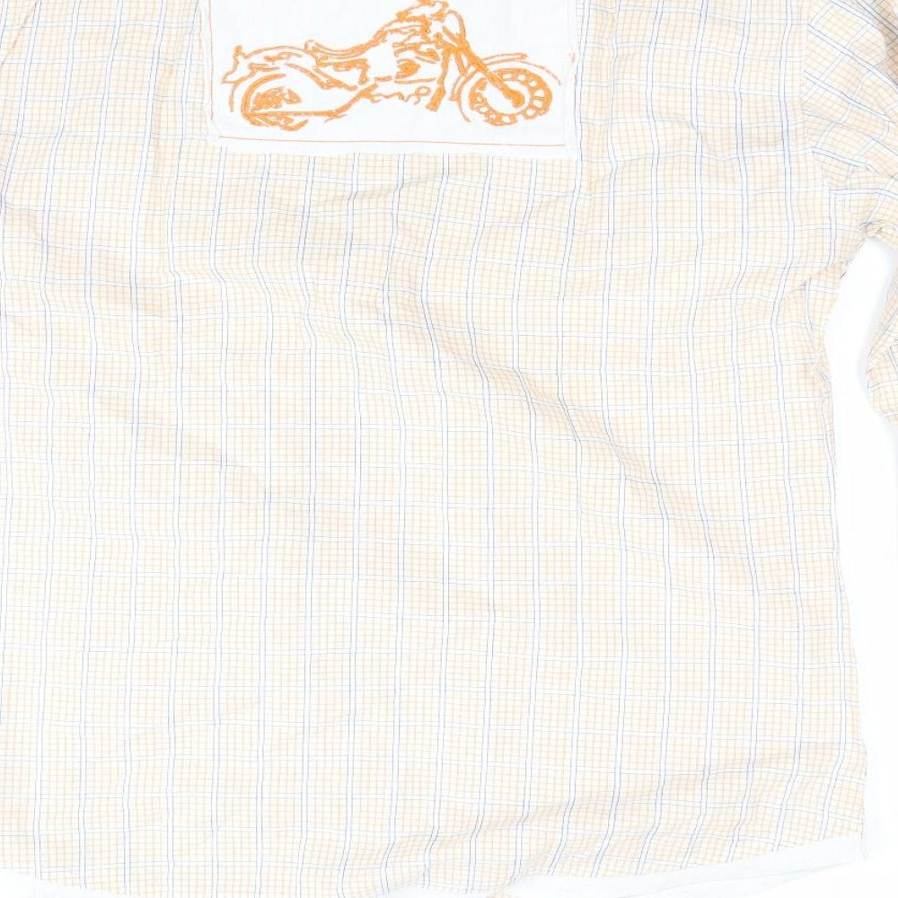 Brand and care label for Never Nine men’s beige button-up, size XL