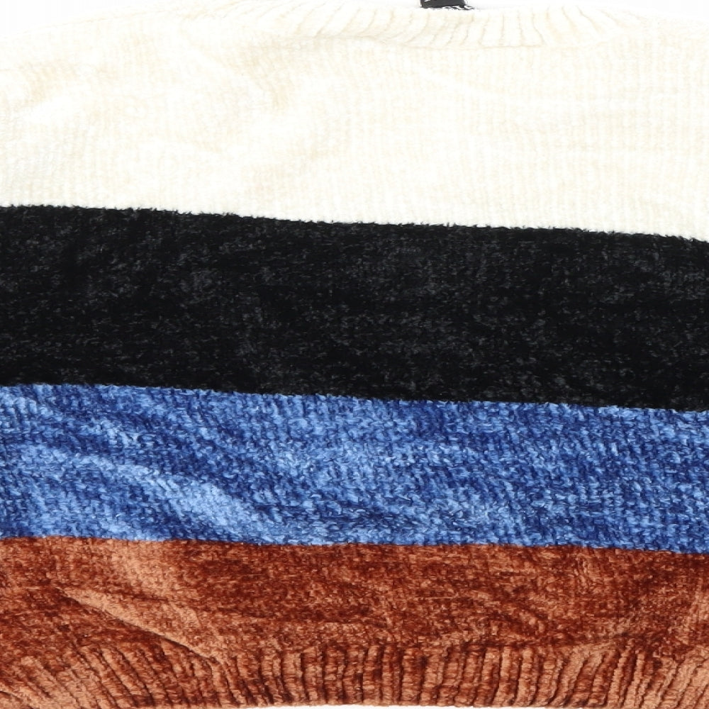 Brand and care label for New Look girls’ blue striped knit jumper, size 14-15, years