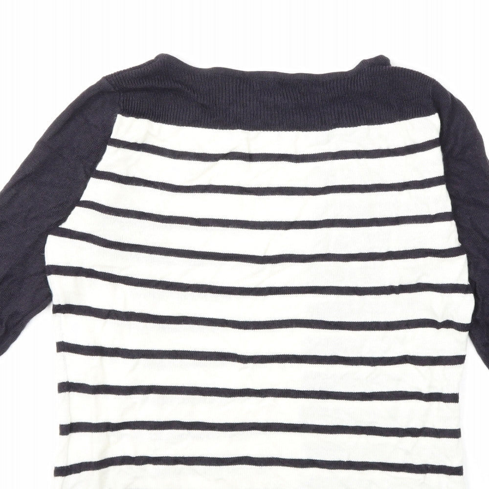Brand and care label for Per Una women’s white striped knit jumper, size UK 8
