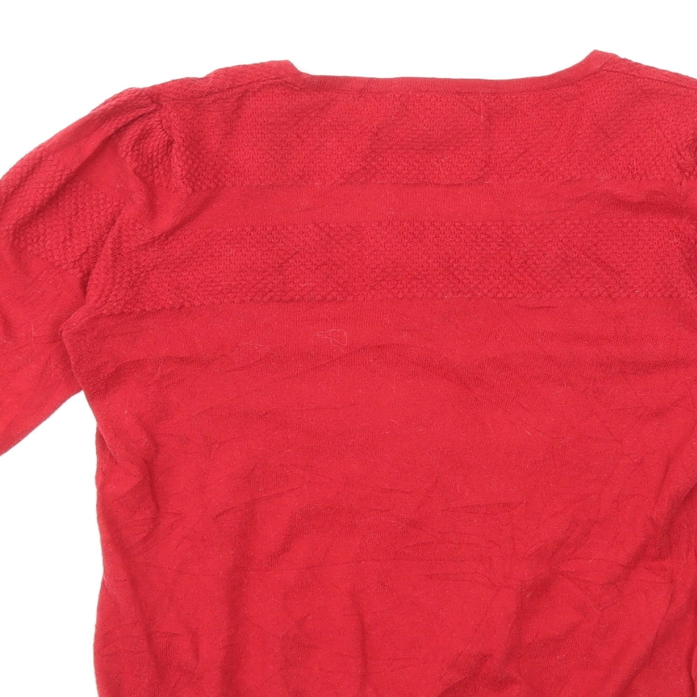 Brand and care label for Next women’s red knit cardigan jumper, size UK 12