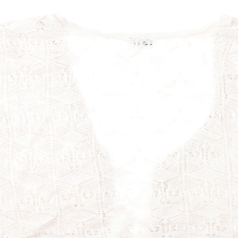 Brand and care label for Topshop women’s beige knit cardigan jumper, size UK 14