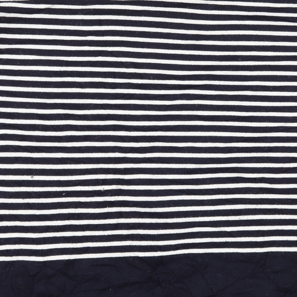 Brand and care label for Monsoon women’s blue striped knit jumper, size M