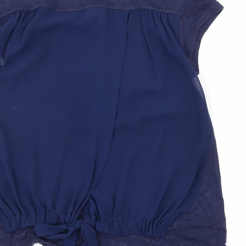 Brand and care label for Zara women’s blue knit basic t-shirt, size S, - sheer back