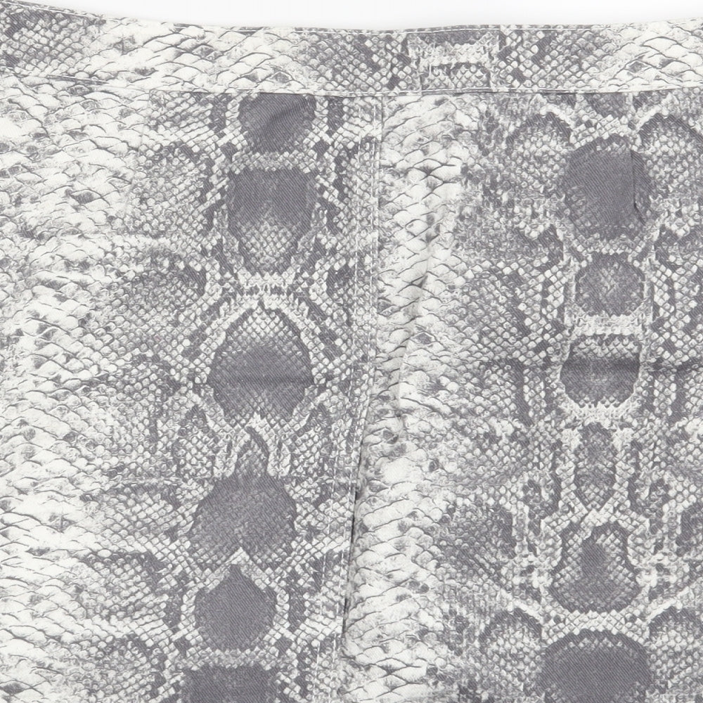 Brand and care label for New Look women’s grey animal print mini skirt, size UK 10