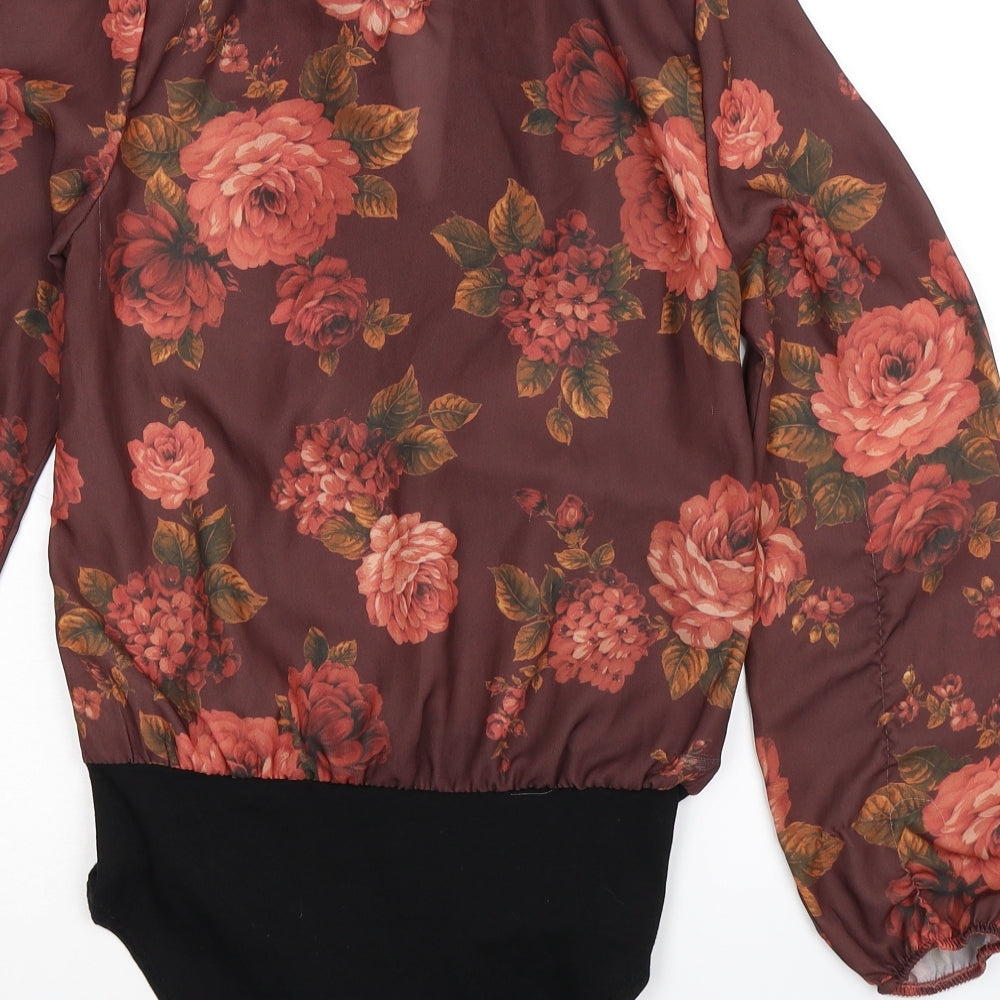 Brand and care label for New Look women’s brown floral bodysuit one-piece, size UK 10