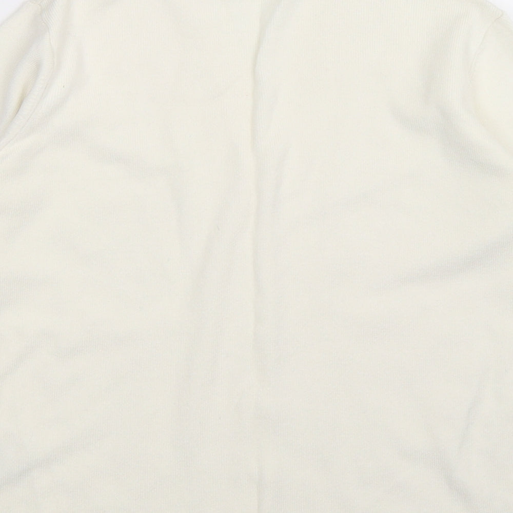 Brand and care label for ALEX women’s white knit cardigan jumper, size UK 10