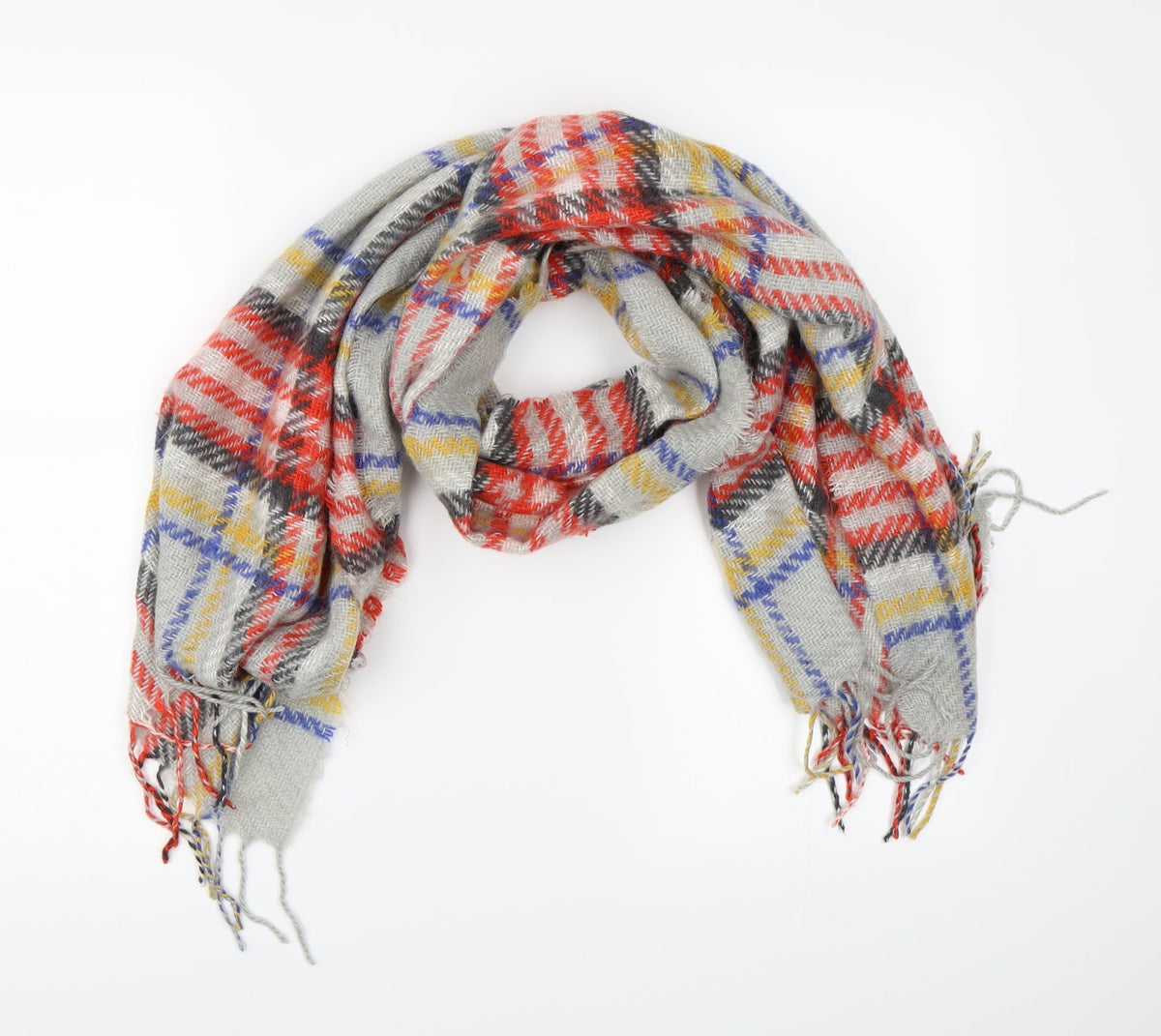 Front view of Preworn women’s grey check knit scarf