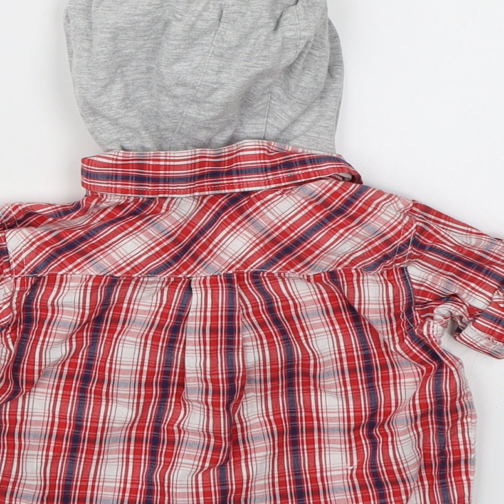 Brand and care label for Cherokee boys’ red check basic button-up, size 6-9, months