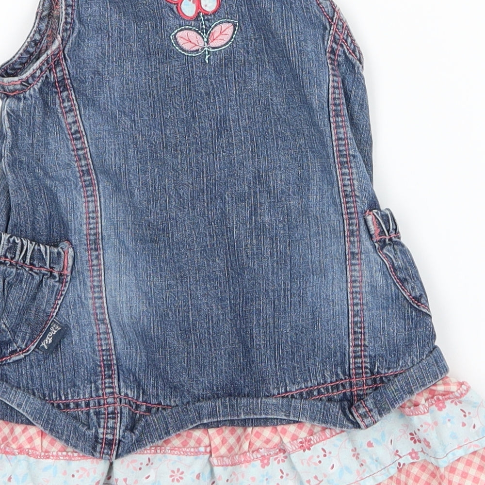 Brand and care label for Pumpkin Patch girls’ blue plaid a-line, size 3-6, months - flowers