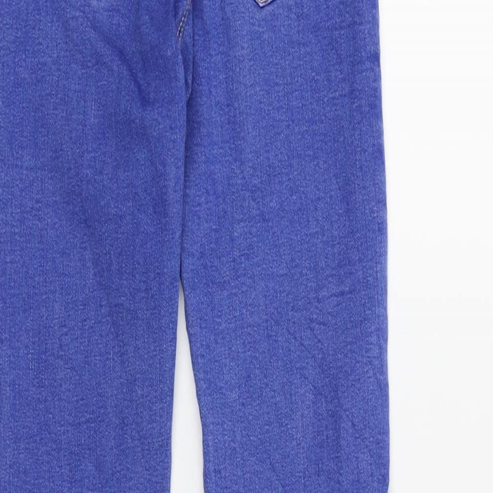 Brand and care label for Stradivarius women’s blue skinny jeans, size UK 4, 24-inch leg