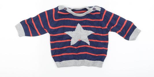 Additional front view of Marks & Spencer Blue Striped Knit Henley Jumper, size 3-6, Months - Star