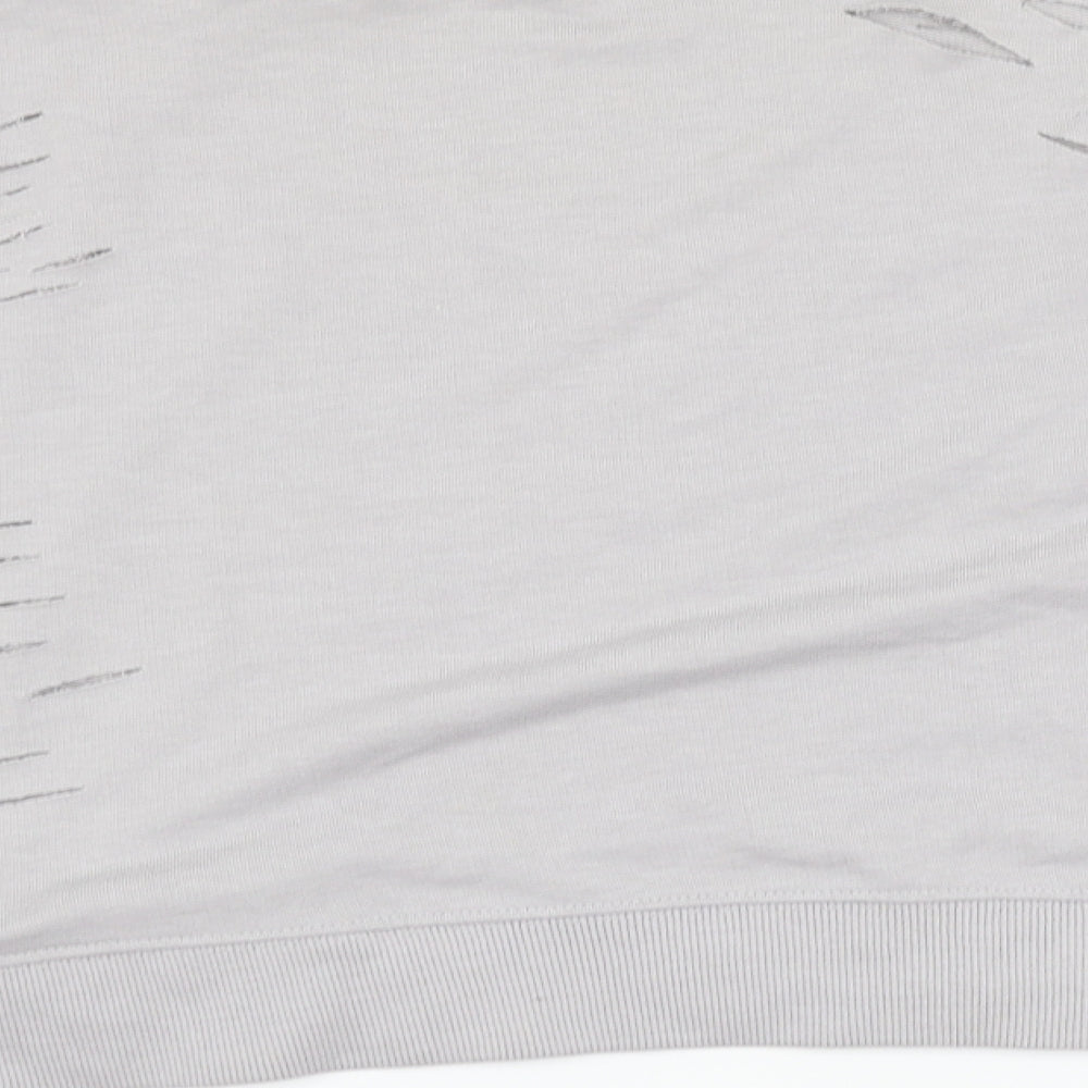 Brand and care label for New Look women’s grey pullover sweatshirt, size UK 12, - distressed