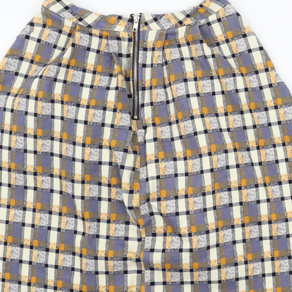 Brand and care label for 6 women’s blue check a-line skirt, size UK 28, in