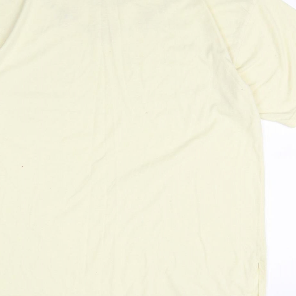 Brand and care label for FL COLLECTION women’s yellow basic t-shirt, size XL