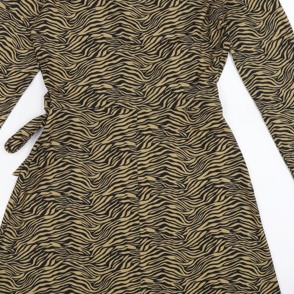 Brand and care label for Miss Selfridge women’s brown animal print wrap dress, size UK 6, - zebra print