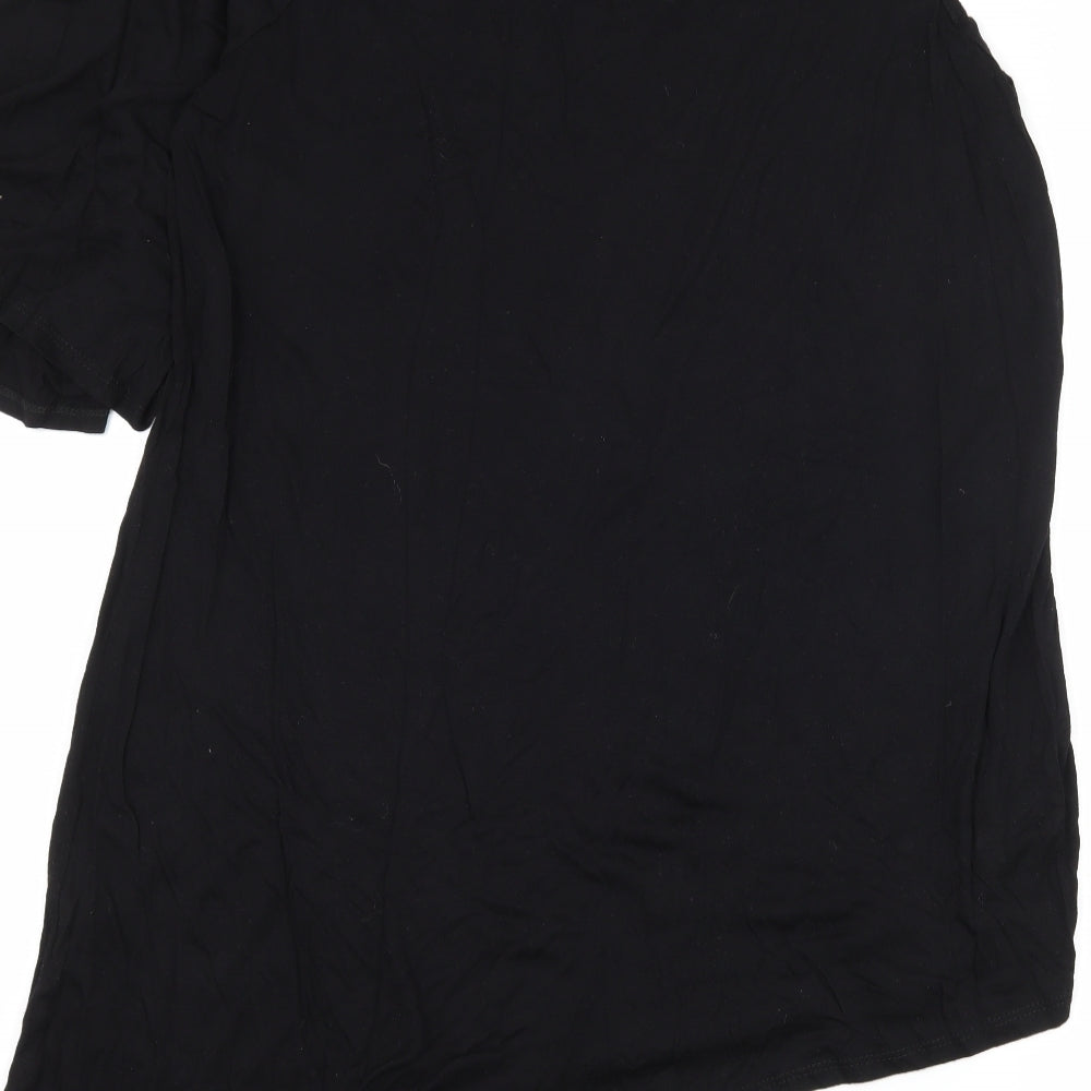 Brand and care label for E-vie women’s black jersey basic t-shirt, size UK 14
