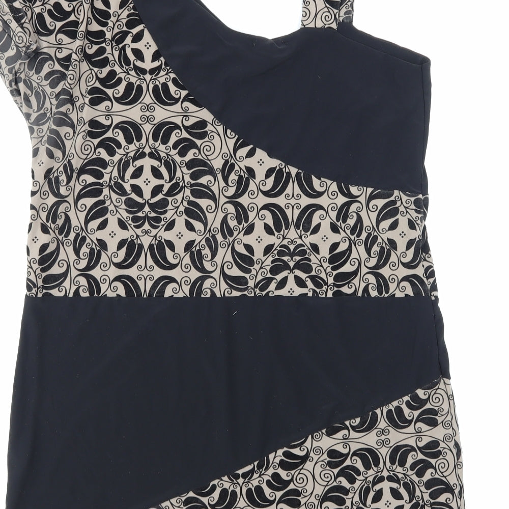 Brand and care label for Too True women’s black floral jersey basic t-shirt, size L