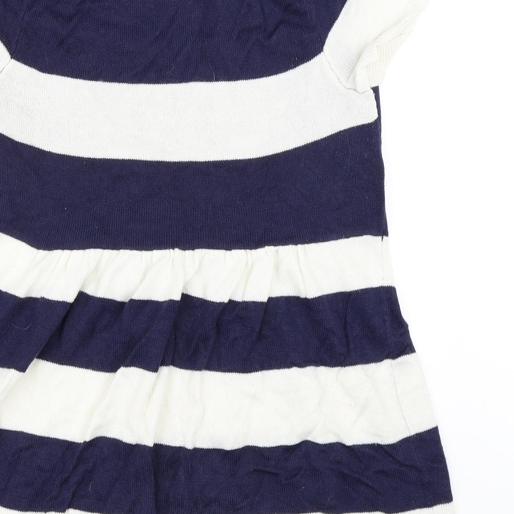 Brand and care label for Store Twenty One women’s blue striped jumper, size UK 14